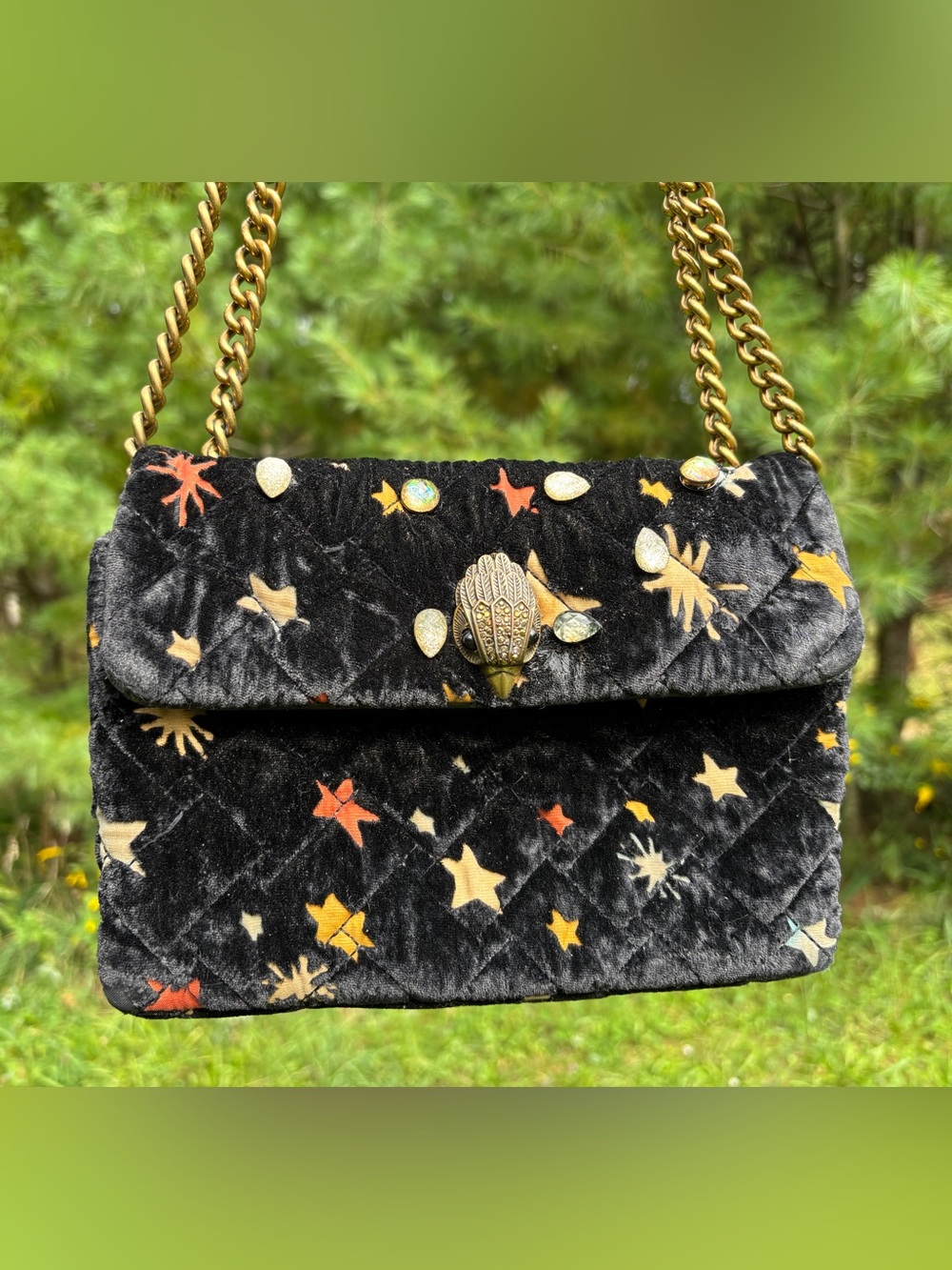 Kurt Geiger Black Velvet Crossbody with Gold Chain & Multicolor Star Motif